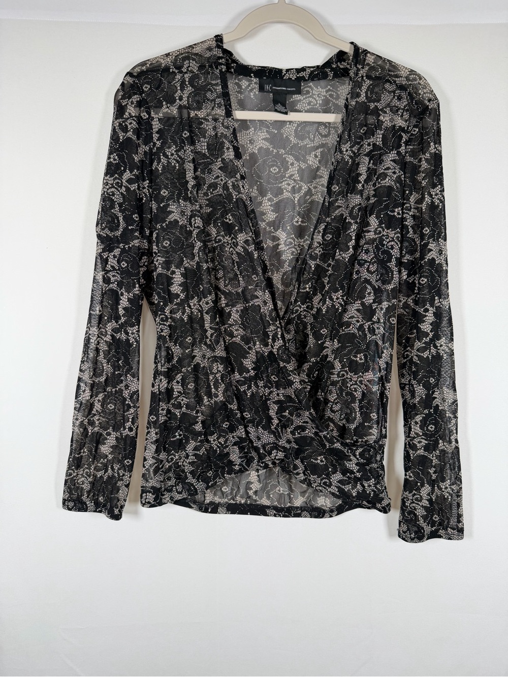 Vintage Y2K Black Sheer Floral Wrap-Front Long Sleeve Top Whimsigoth Fairy Grung